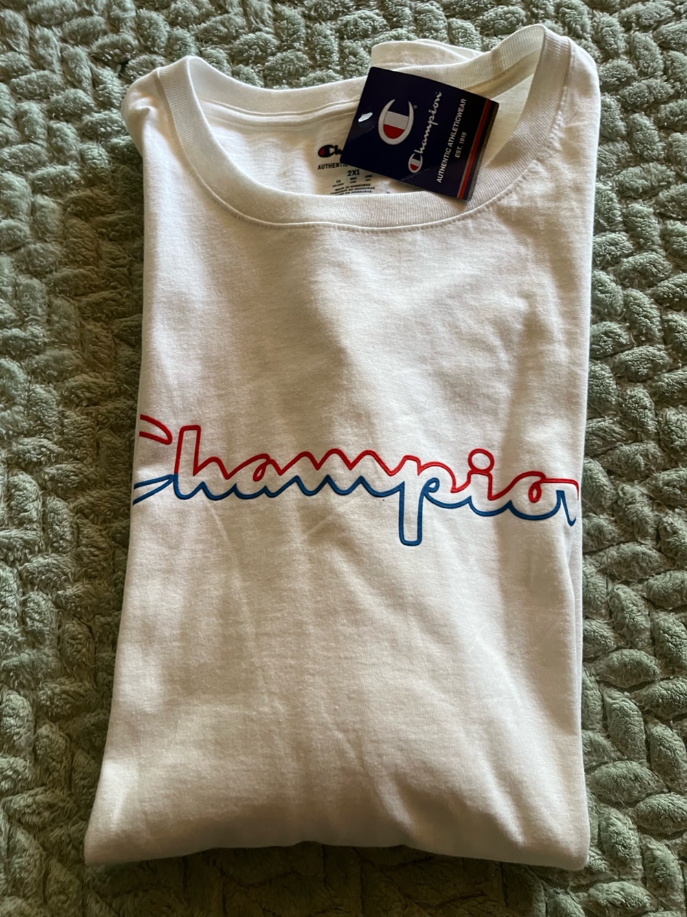 NEW CHAMPION T SHIRT SZ 2X White Red & Blue insignia COTTON Embroidered sleeve